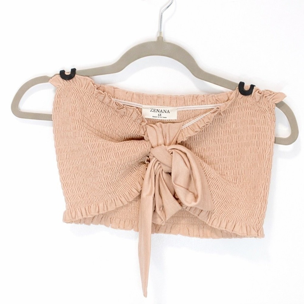 Zenana women's smocked tie-front bandeau tube crop top - Blush - Size 1x
